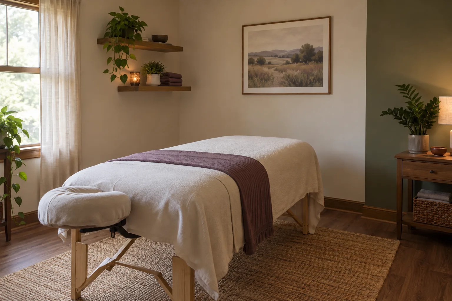 A calm massage treatment room in warm neutral colors